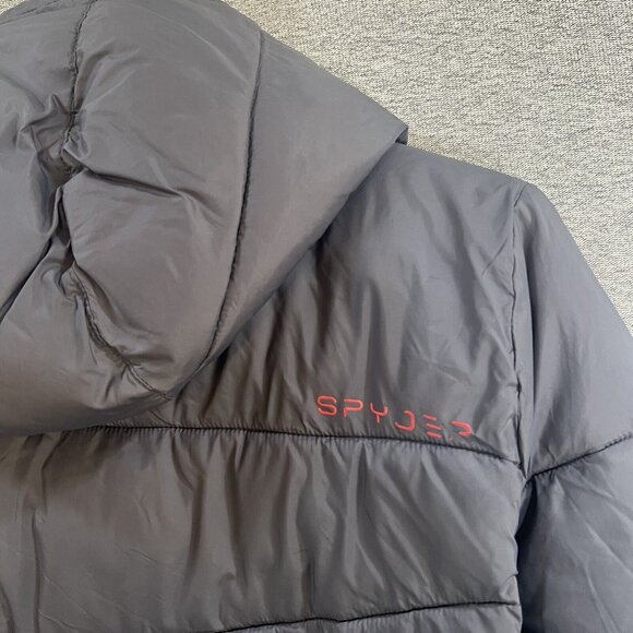 Spyder Boys Dark Gray Red Puffer Full Zip Jacket Hoodie Pockets Size L (14-16) - Picture 15 of 16
